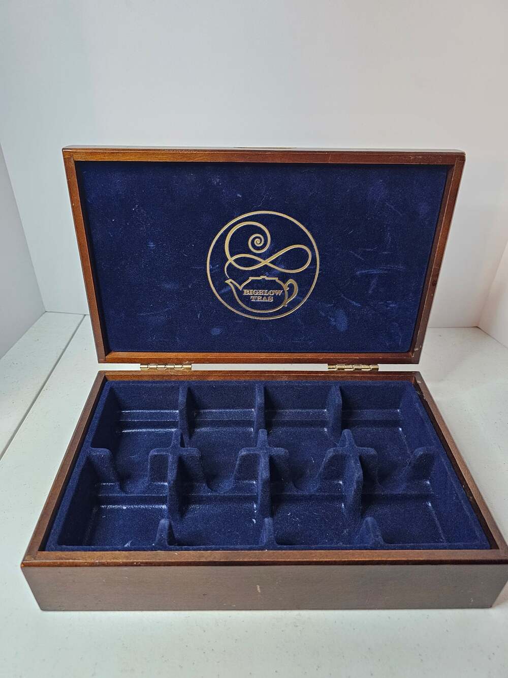 Vintage Bigelow Teas Wooden Tea Box Storage Chest Blue Velvet Interior 8 Slot